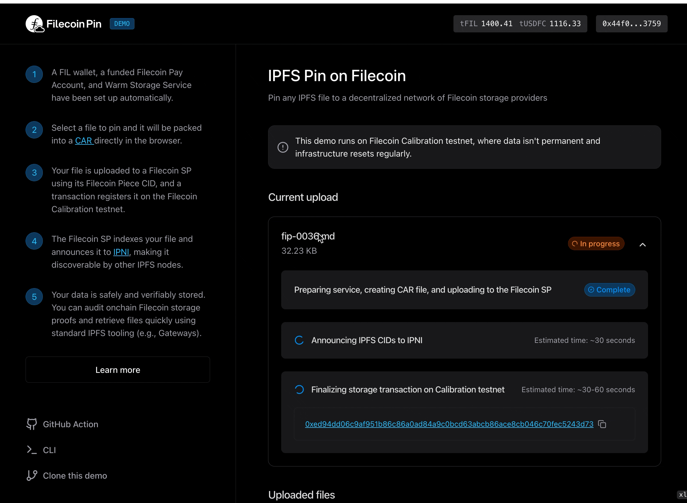 Publishing CIDs and confirming the transaction